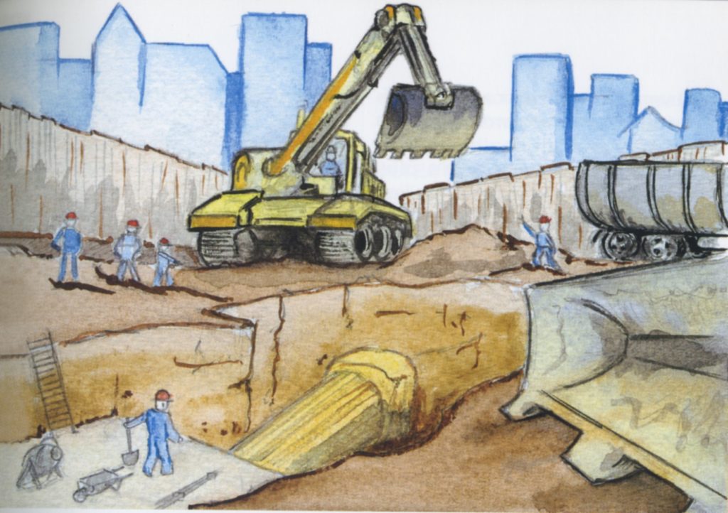 Fouille de sauvetage - Dessin : Pascal Laye - Dico de l'archéologie